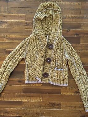 Free People Mustard Cable-Knit Hooded Cardigan with Buttons